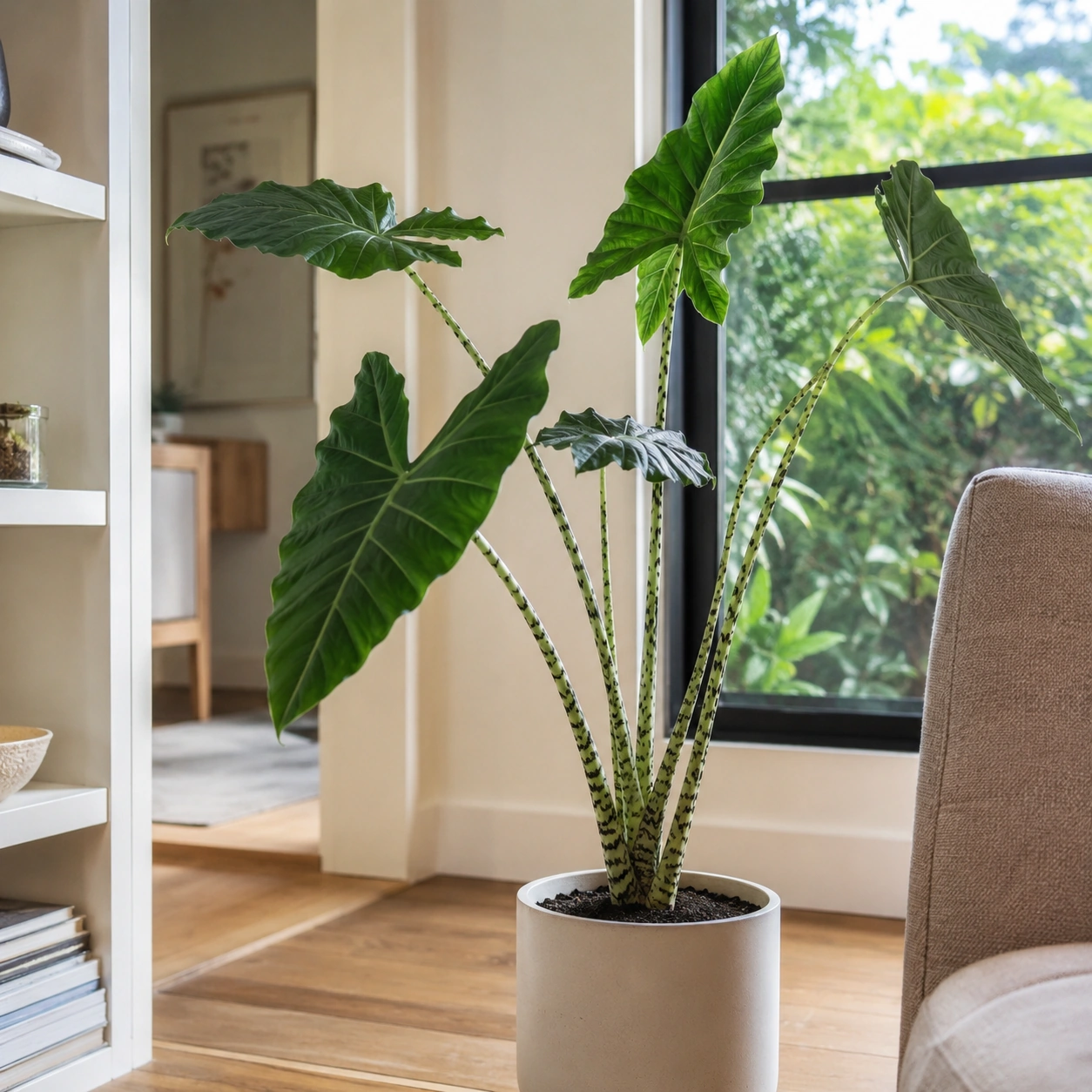 Alocasia zebrina utilizada en su ubicación recomendada