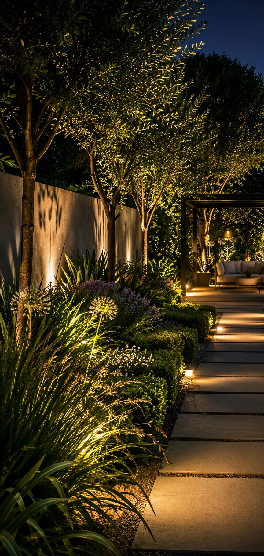 Iluminación ambiental cálida en un jardín