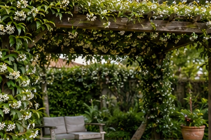 Trachelospermum jasminoides cubriendo una estructura de jardín