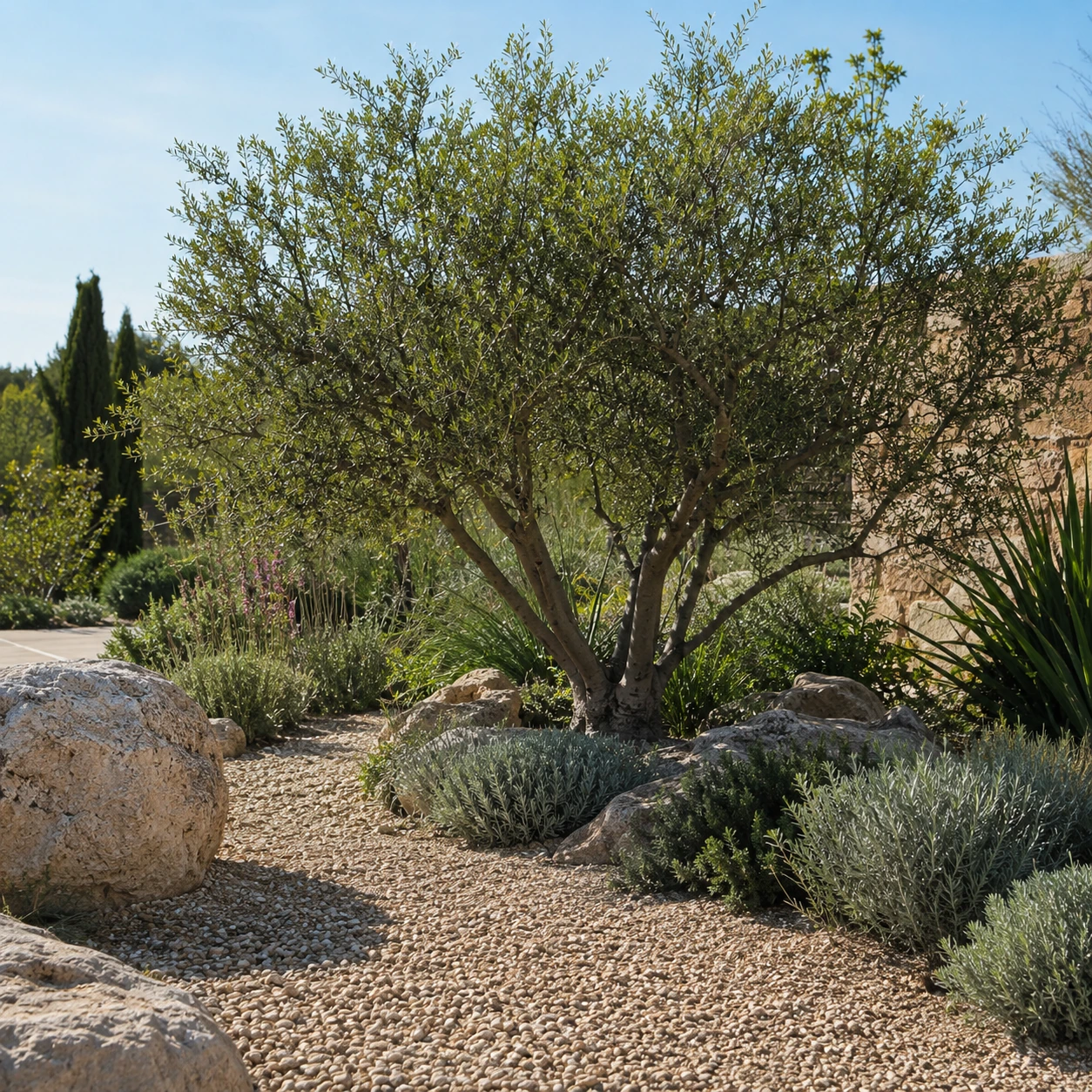 Acebuche integrado en un jardín mediterráneo de bajo consumo