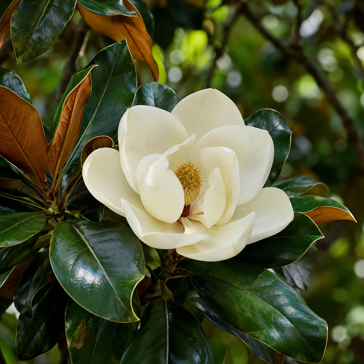 Detalle de hoja coriácea y flor blanca de Magnolia grandiflora