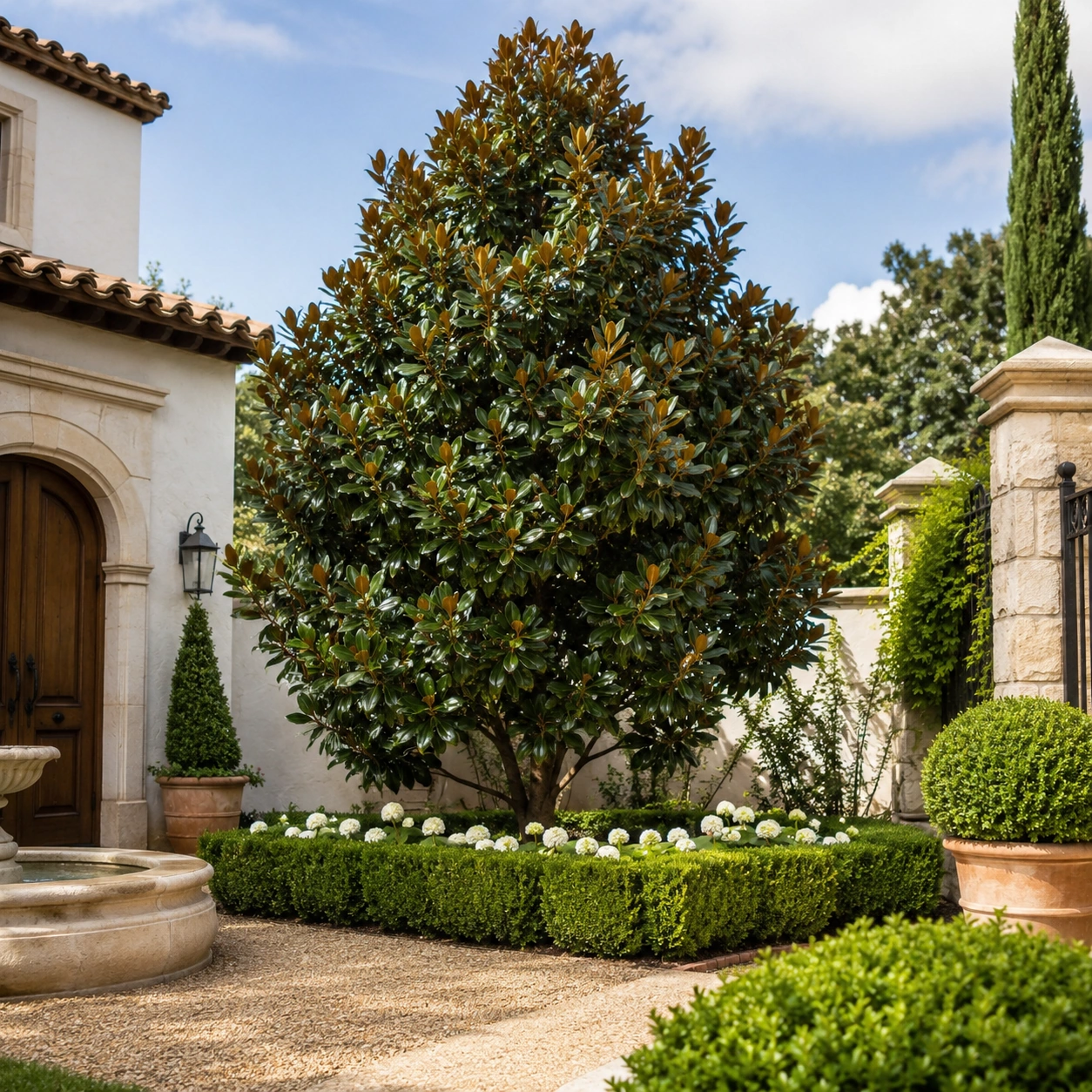 Magnolia grandiflora utilizada como árbol ornamental protagonista